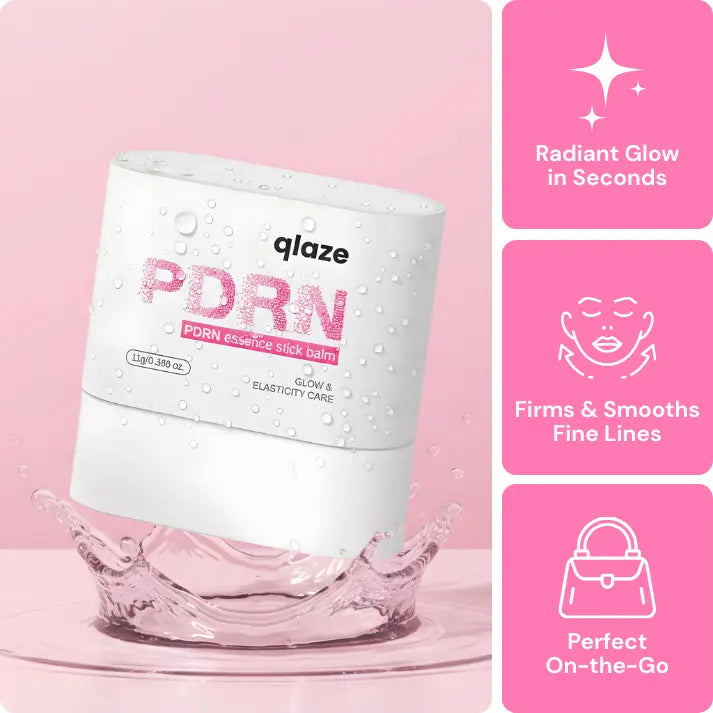 White essence stick balm with pink text on a pink background, featuring the brand 'qlaze'.